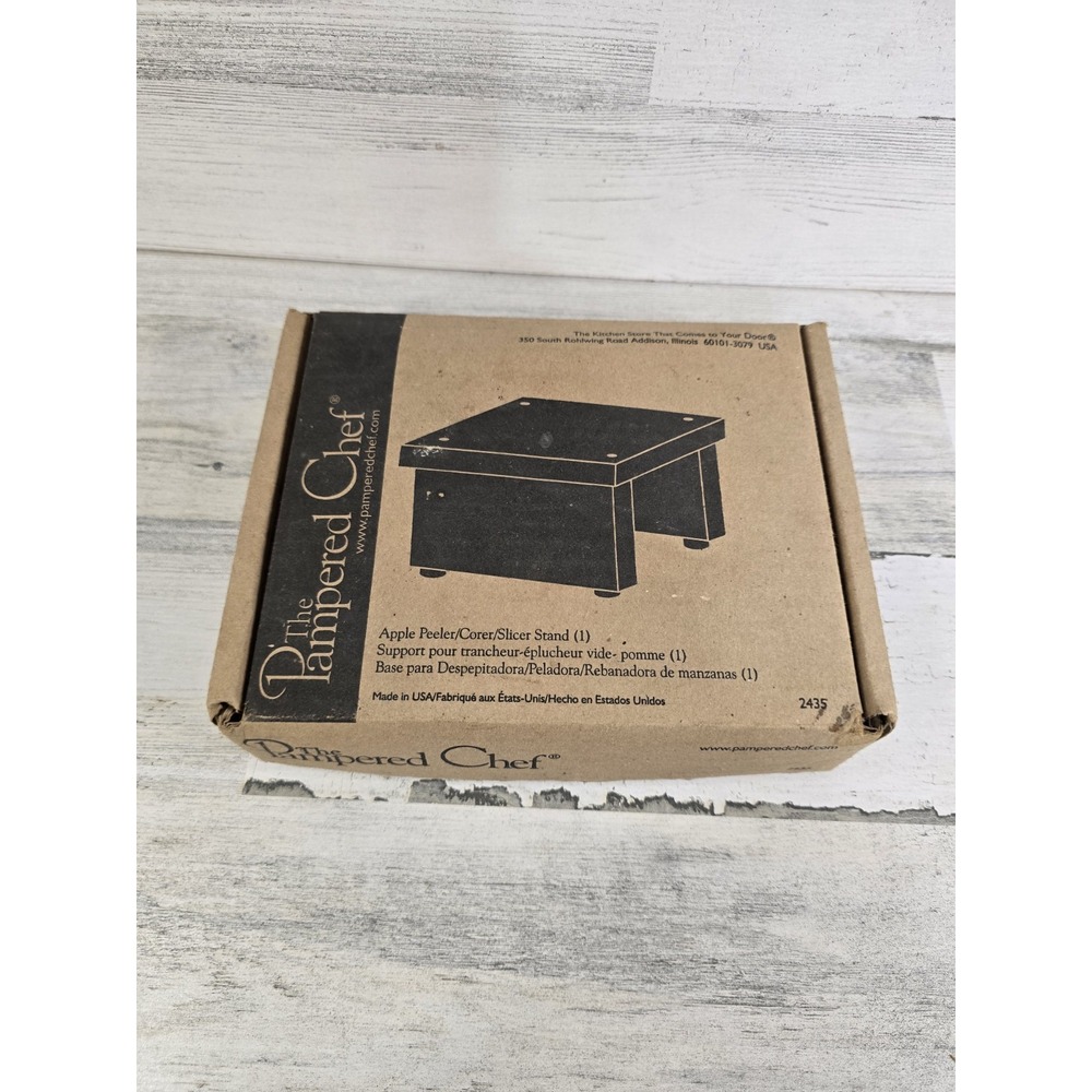 Pampered Chef Apple Peeler Corer Slicer Stand 2435 Wood Base New In Box